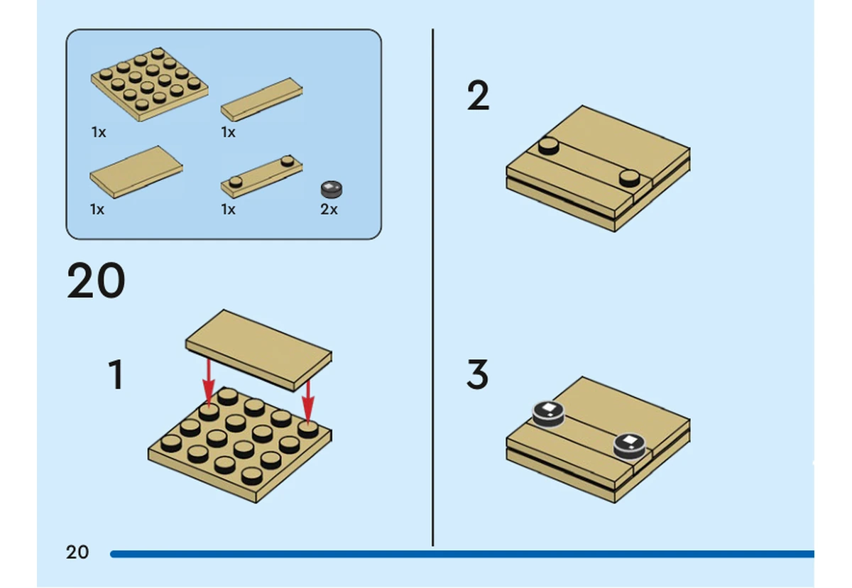 Notice officielle LEGO 40554, livret 6437091, page 20, étape 20, sous-étapes 1 à 3 : Des plaques et tuiles beiges constituent le panneau du visage ; les deux yeux noirs sont posés à la troisième sous-étape.