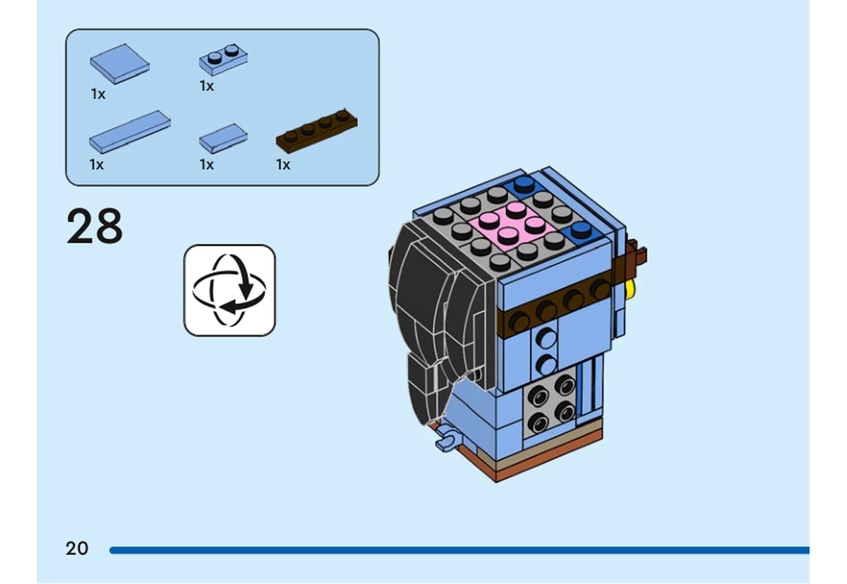 Notice officielle LEGO 40554, livret 6437093, page 20, étape 28 : Après retournement, des plaques et tuiles bleu moyen ainsi qu’une plaque marron prolongent l’habillage de la tête ; le noyau rose est déjà en place.