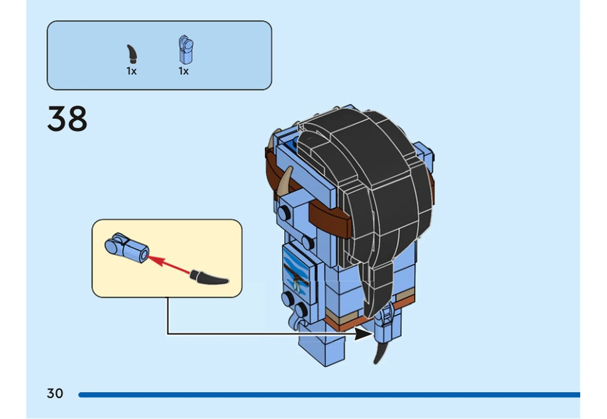 Notice officielle LEGO 40554, livret 6437093, page 30, étape 38 : Une petite pièce noire pointue rejoint un support bleu moyen puis se fixe à l’arrière du corps sous la chevelure noire.