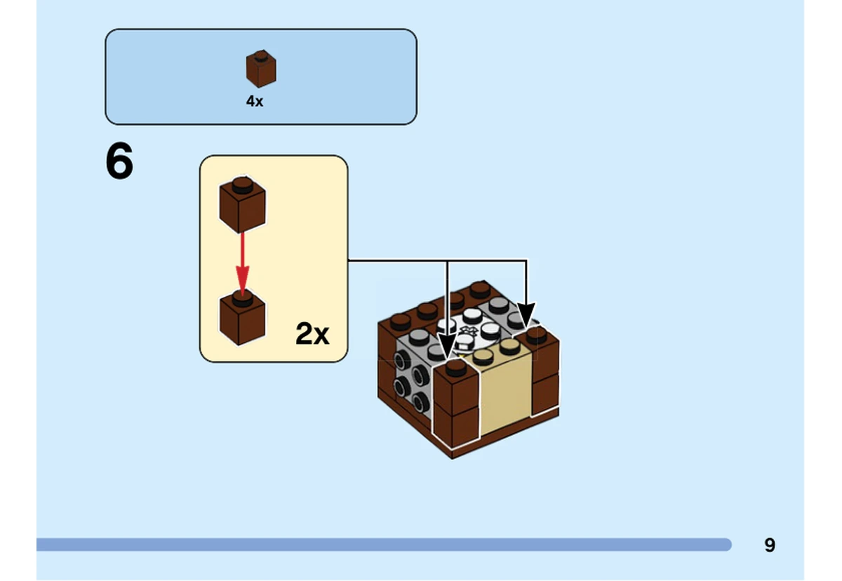 Notice officielle LEGO 40559, livret 6404241, page 9, étape 6 : Quatre briques marron 1 × 1 forment deux colonnes, posées de part et d’autre de l’avant beige du corps.