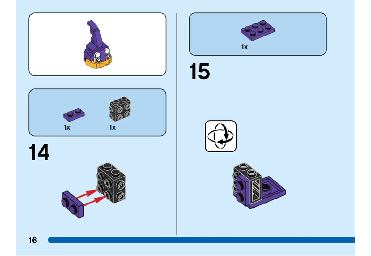 Notice officielle LEGO 40559, livret 6404243, page 16, étape 14 et 15 : Une plaque violette et une brique noire à tenons latéraux forment le noyau ; après retournement, une plaque violette 2 × 3 le complète.