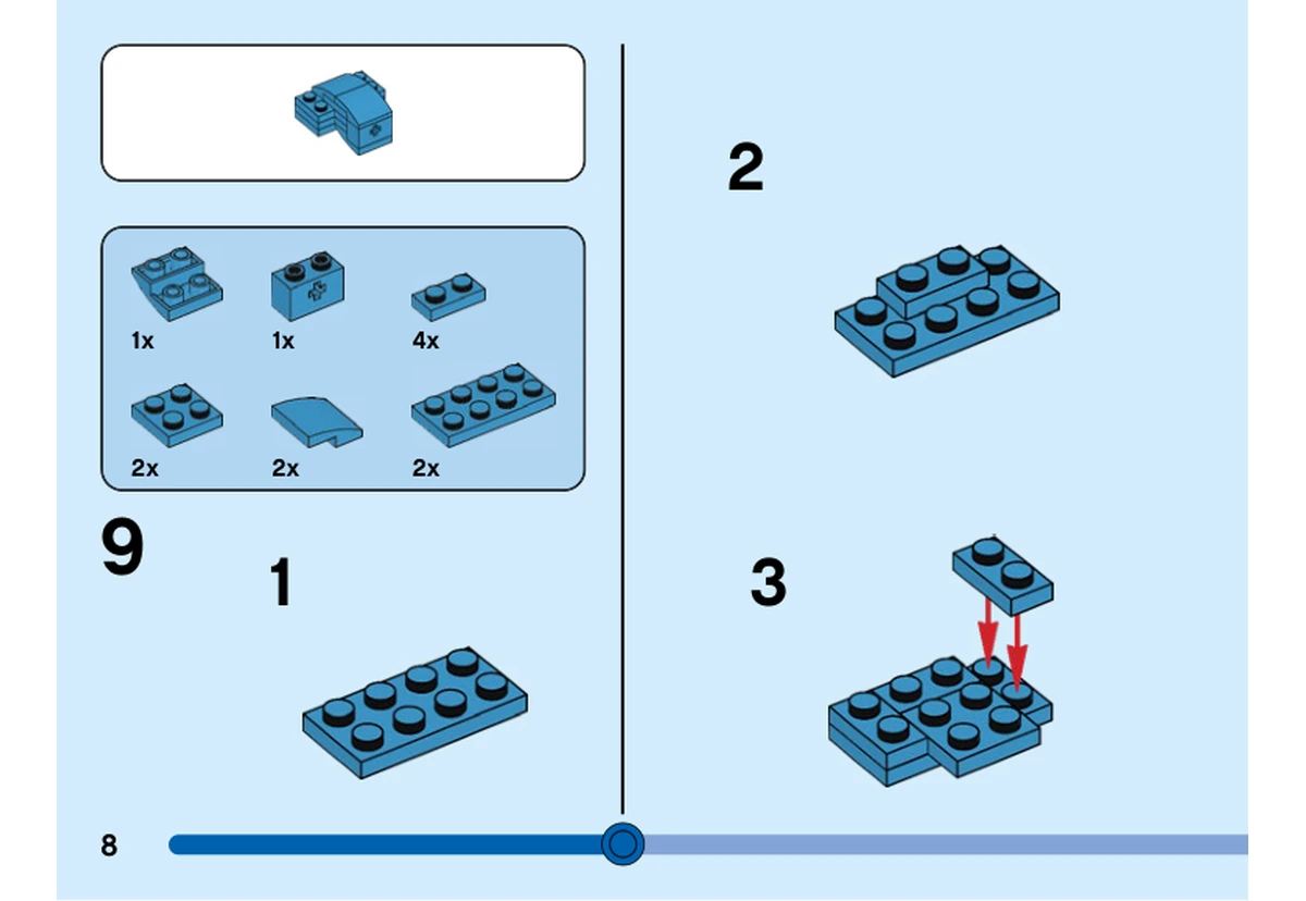 Notice officielle LEGO 40559, livret 6404243, page 8, étape 9, sous-étapes 1 à 3 : Des plaques bleu azur foncé construisent la base du corps, avant l’habillage incurvé présenté dans la suite de la même étape.
