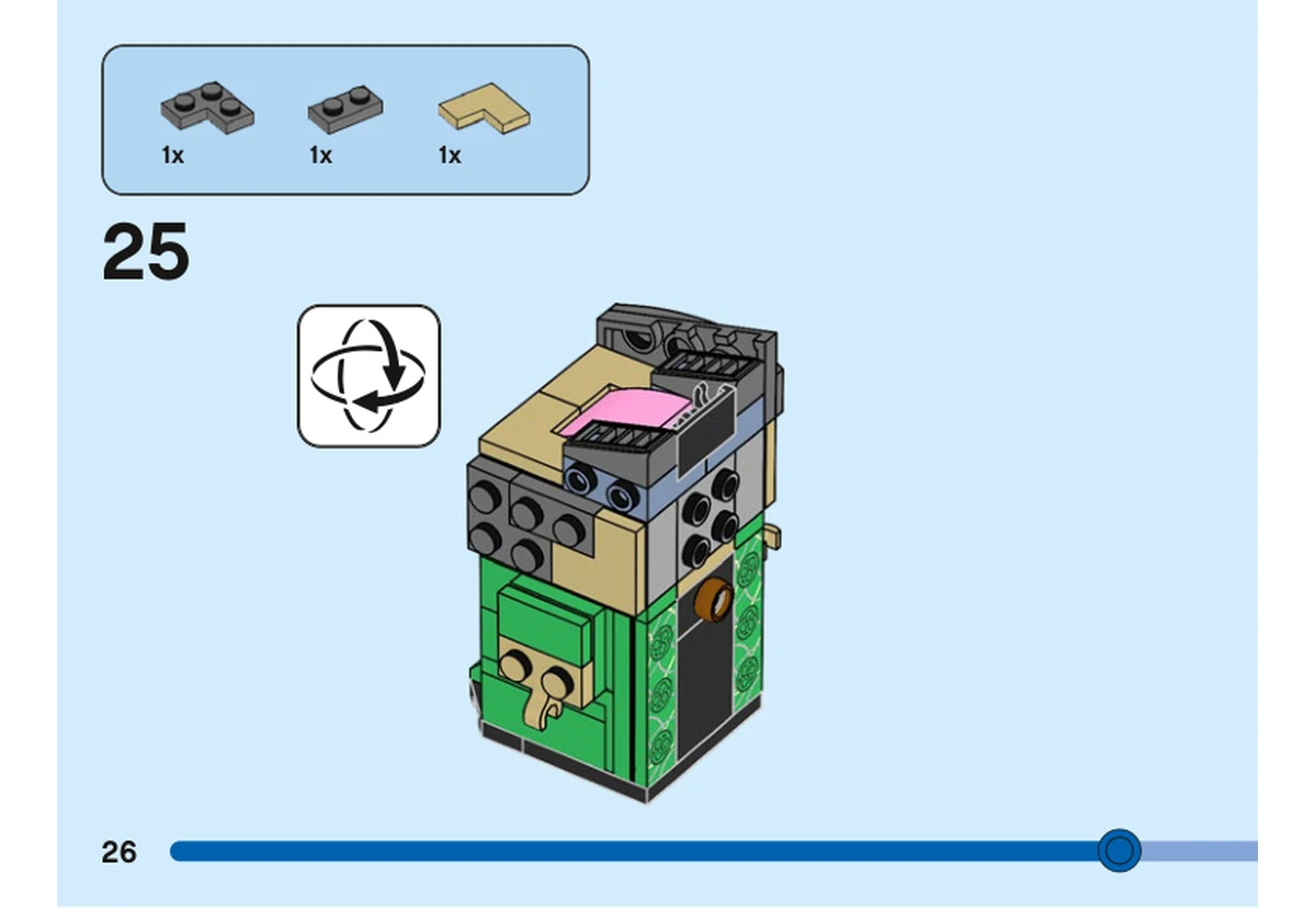 Notice officielle LEGO 40560, livret 6417977, page 26, étape 25 : Après retournement, deux plaques gris foncé et une plaque beige en angle rejoignent l’arrière du sommet ; le centre rose est déjà installé.