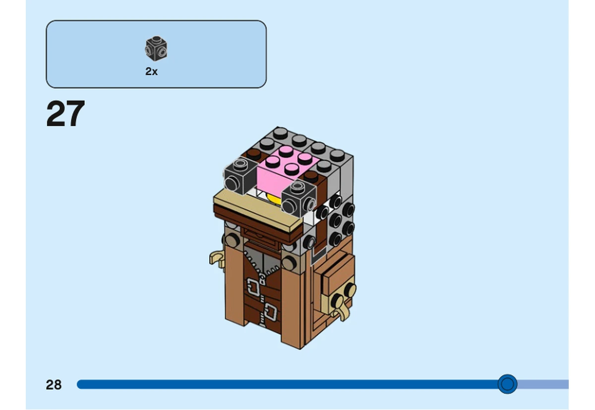 Notice officielle LEGO 40560, livret 6417979, page 28, étape 27 : Deux briques grises à tenons latéraux sont ajoutées de part et d’autre du noyau rose déjà en place.