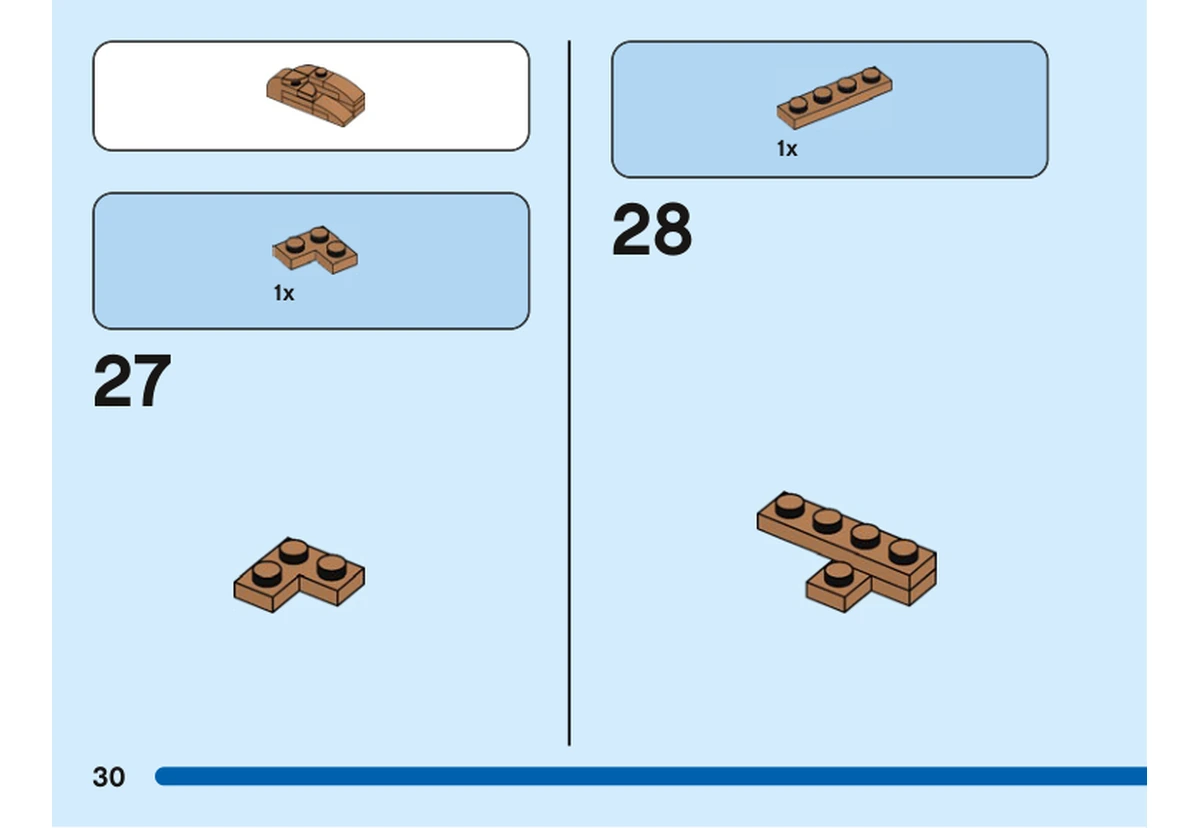 Notice officielle LEGO 40560, livret 6417983, page 30, étape 27 et 28 : Une plaque marron en angle puis une plaque marron 1 × 4 constituent le petit sous-assemblage présenté à ces deux étapes.