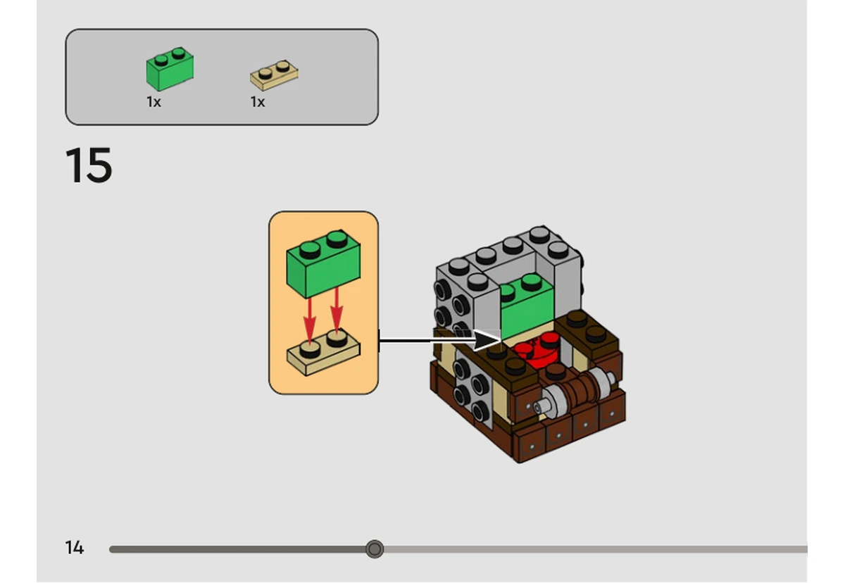 Notice officielle LEGO 40615, livret 6505931, page 14, étape 15 : Une brique verte 1 × 2 rejoint une plaque beige 1 × 2, puis ce petit ensemble est posé dans le haut du corps entouré de supports gris.