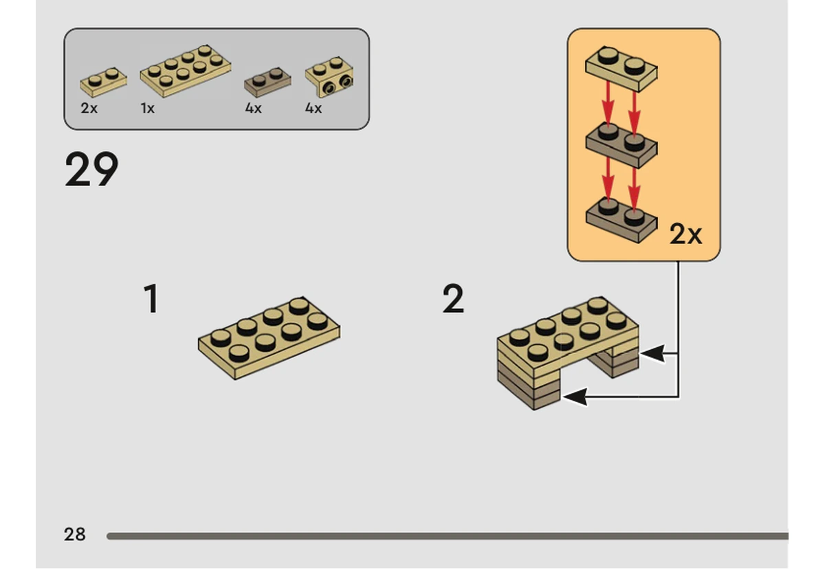 Notice officielle LEGO 40615, livret 6505931, page 28, étape 29, sous-étapes 1 et 2 : Une plaque beige 2 × 4 est associée à deux piles de petites plaques grises et beiges, formant le sous-assemblage illustré.