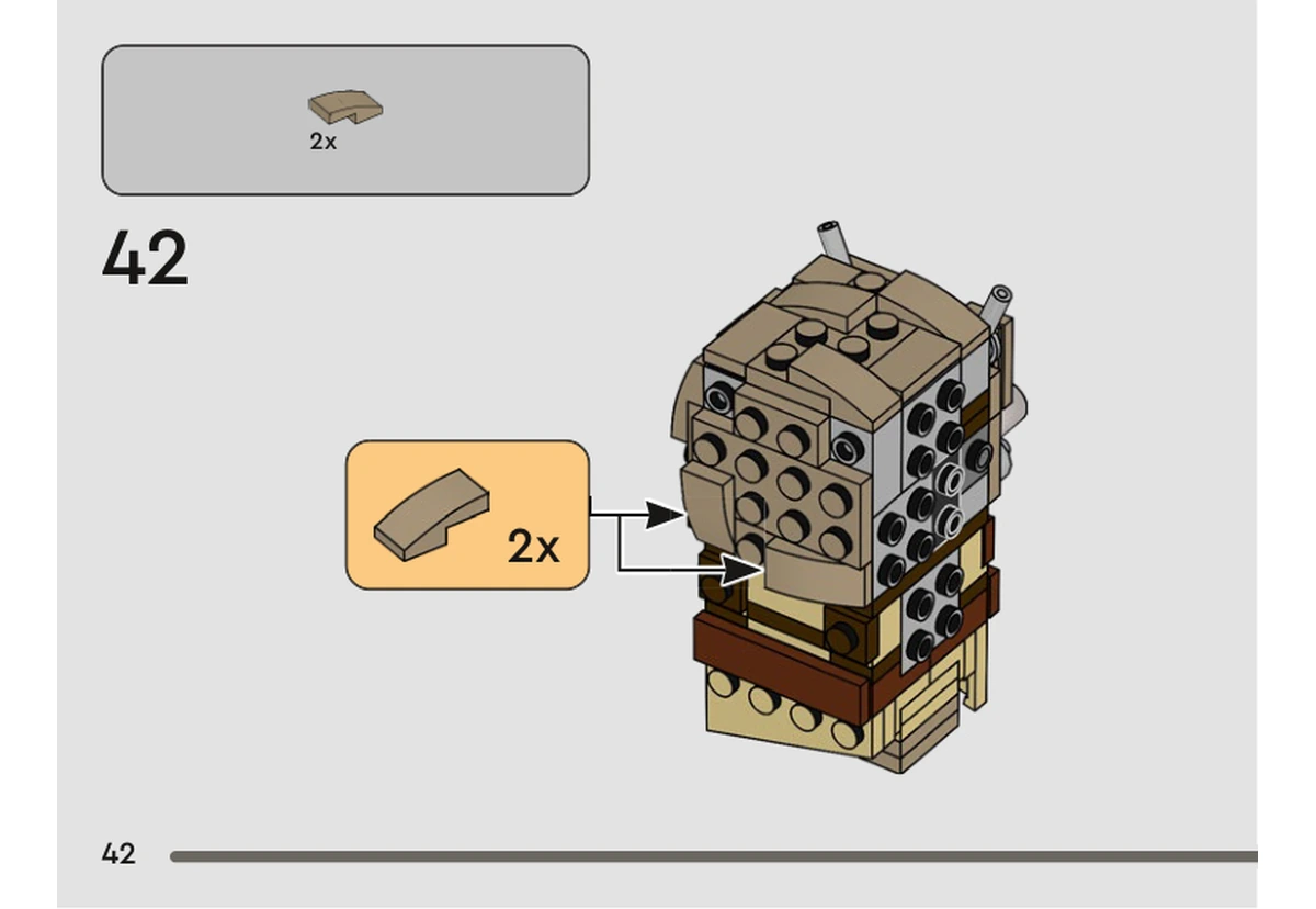 Notice officielle LEGO 40615, livret 6505931, page 42, étape 42 : Deux pentes courbes beige foncé complètent la face avant du masque, encore dépourvue de ses tubes oculaires.
