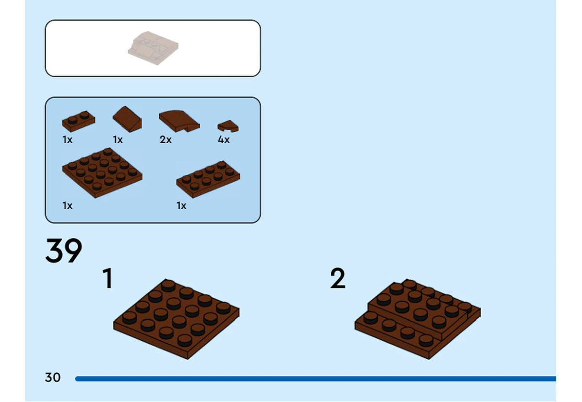 Notice officielle LEGO 40617, livret 6466946, page 30, étape 39 : Une plaque marron rouge 1 × 2 se pose sur une plaque 4 × 4. La seconde vue ajoute une plaque marron rouge 2 × 4 sur le même support. Les pièces incurvées listées dans l’encadré seront posées dans la suite de la notice.