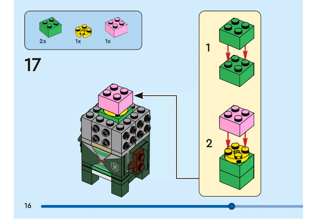 Notice officielle LEGO 40617, livret 6505941, page 16, étape 17 : Deux briques vertes 2 × 2 s’empilent. Une plaque ronde jaune et une brique rose 2 × 2 complètent le noyau, qui rejoint le centre de la tête grise à tenons latéraux.