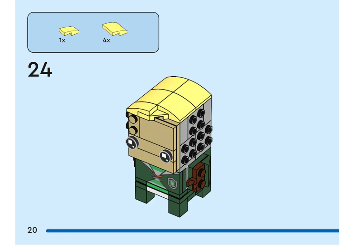 Notice officielle LEGO 40617, livret 6505941, page 20, étape 24 : Quatre grandes pentes incurvées jaune clair vif et une petite pièce du même coloris recouvrent le sommet de la tête de Drago. Le visage beige et les yeux sont déjà installés ; les côtés restent à compléter.