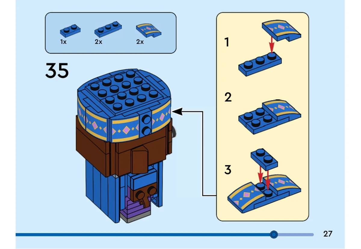 Notice officielle LEGO 40618, livret 6466942, page 27, étape 35 : Deux pentes bleues imprimées se fixent sur deux plaques bleues 1 × 3. Une plaque bleue 1 × 2 relie ce sous-ensemble, qui rejoint le côté encore ouvert du bonnet décoré de losanges.