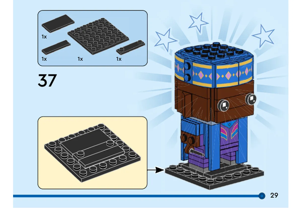Notice officielle LEGO 40618, livret 6466942, page 29, étape 37 : Une plaque noire 6 × 6 reçoit deux tuiles noires et une plaque noire 1 × 4 à deux tenons. Kingsley terminé, avec son bonnet à motifs et sa baguette, y est placé.