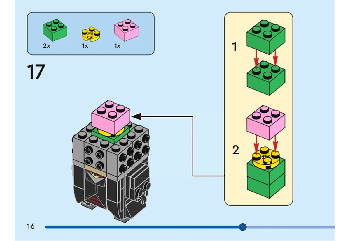 Notice officielle LEGO 40618, livret 6505942, page 16, étape 17 : Deux briques vertes 2 × 2 s’empilent ; une plaque ronde jaune et une brique rose 2 × 2 les complètent. Ce noyau rejoint le centre de la tête grise à tenons latéraux, au-dessus de la veste noire déjà imprimée.