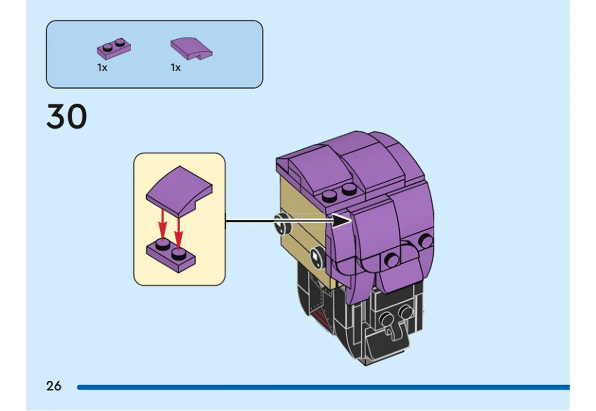 Notice officielle LEGO 40618, livret 6505942, page 26, étape 30 : Une pente lavande moyen 2 × 2 incurvée se fixe sur une plaque lavande 1 × 2. Ce petit sous-assemblage rejoint la chevelure de Tonks au-dessus du visage beige ; la vue montre encore les fixations latérales.