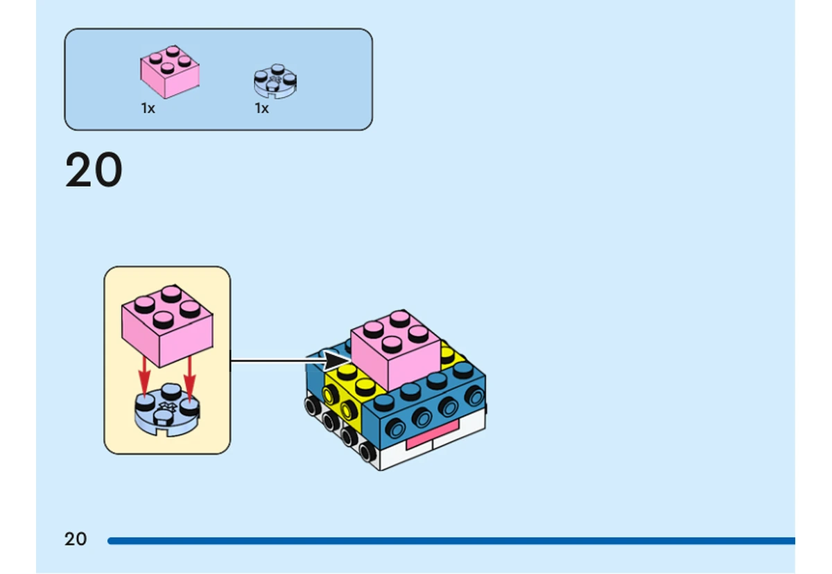 Notice officielle LEGO 40619, livret 6454746, page 20, étape 20 : Une brique rose 2 × 2 se fixe sur une plaque ronde bleu clair. Le petit encadré montre l’assemblage, puis la flèche le place au centre de la tête encore ouverte, entourée de briques bleues, jaunes et noires.