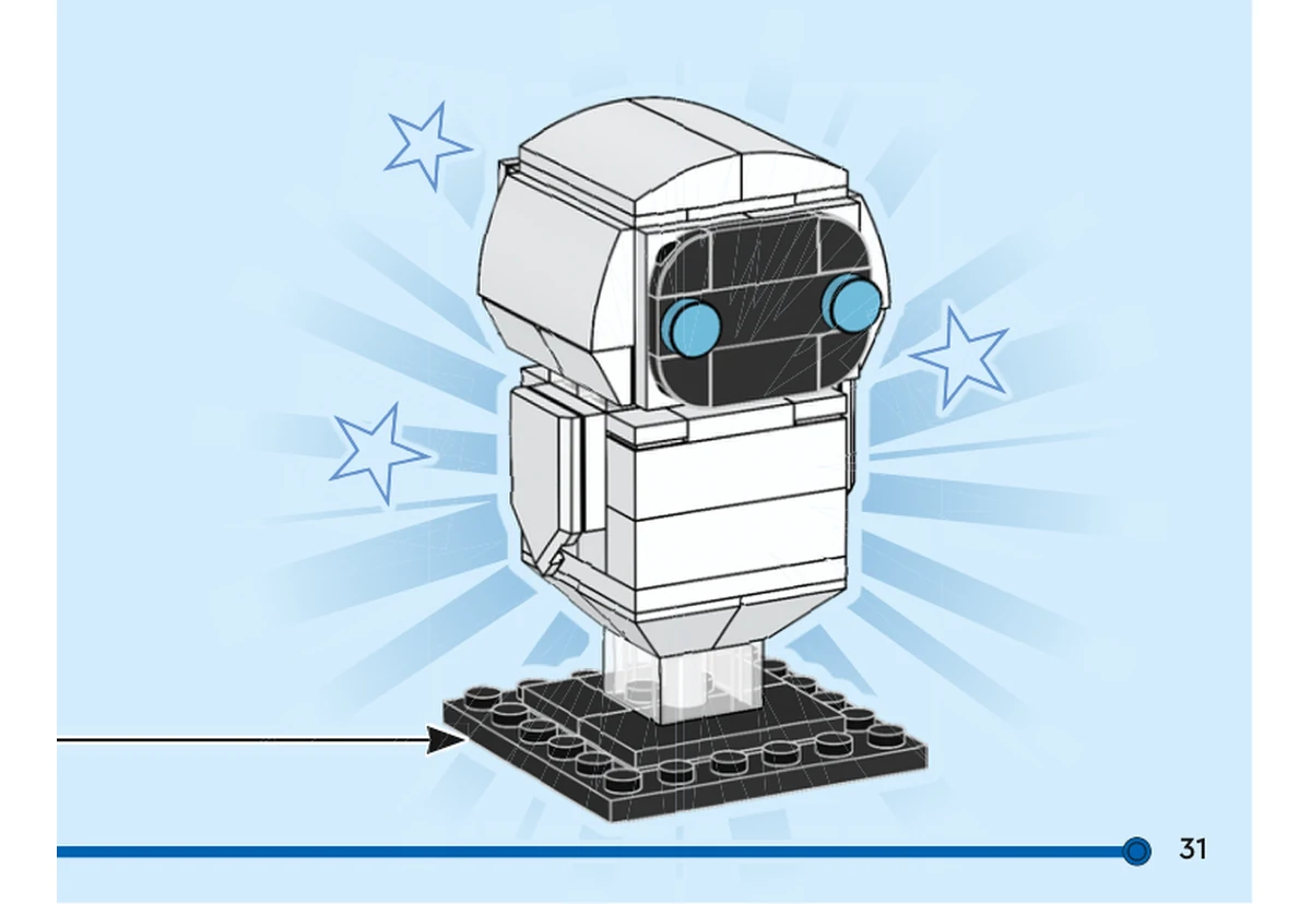 Notice officielle LEGO 40619, livret 6454746, page 31, étape vue finale : EVE terminée est présentée sur un support transparent posé sur son socle noir. Le visage noir et les deux yeux azur contrastent avec la tête et le corps blancs arrondis.