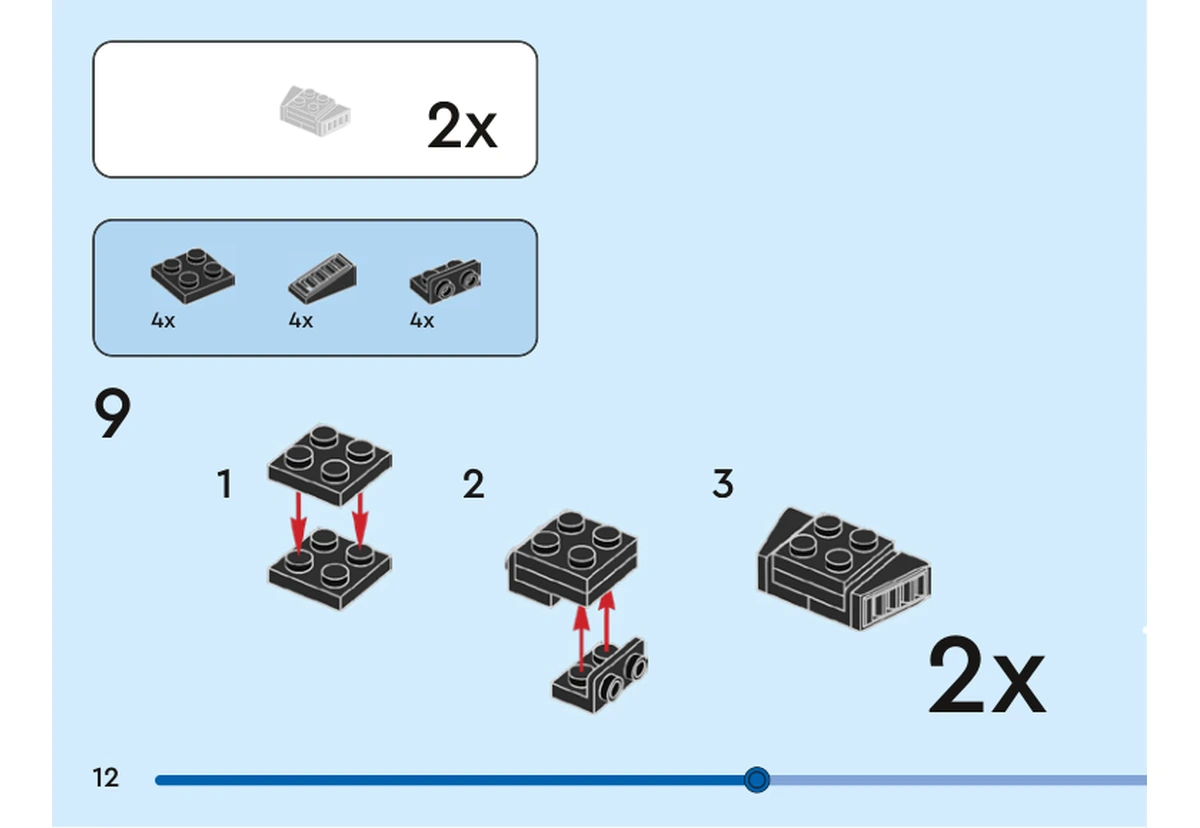 Notice officielle LEGO 40619, livret 6505932, page 12, étape 9 : Quatre plaques noires, quatre supports latéraux noirs et quatre grilles grises servent à deux petits modules identiques. Les trois vues montrent l’empilage, la fixation des supports dessous puis la pose des grilles.
