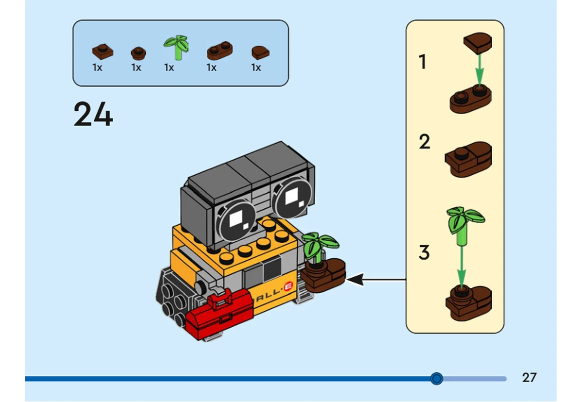 Notice officielle LEGO 40619, livret 6505932, page 27, étape 24 : Quatre pièces marron rouge composent la petite base et le pot ; la tige verte à trois feuilles se place dans la pièce ronde centrale. Trois vues montrent le montage avant la fixation de ce sous-ensemble dans la main libre de WALL•E.