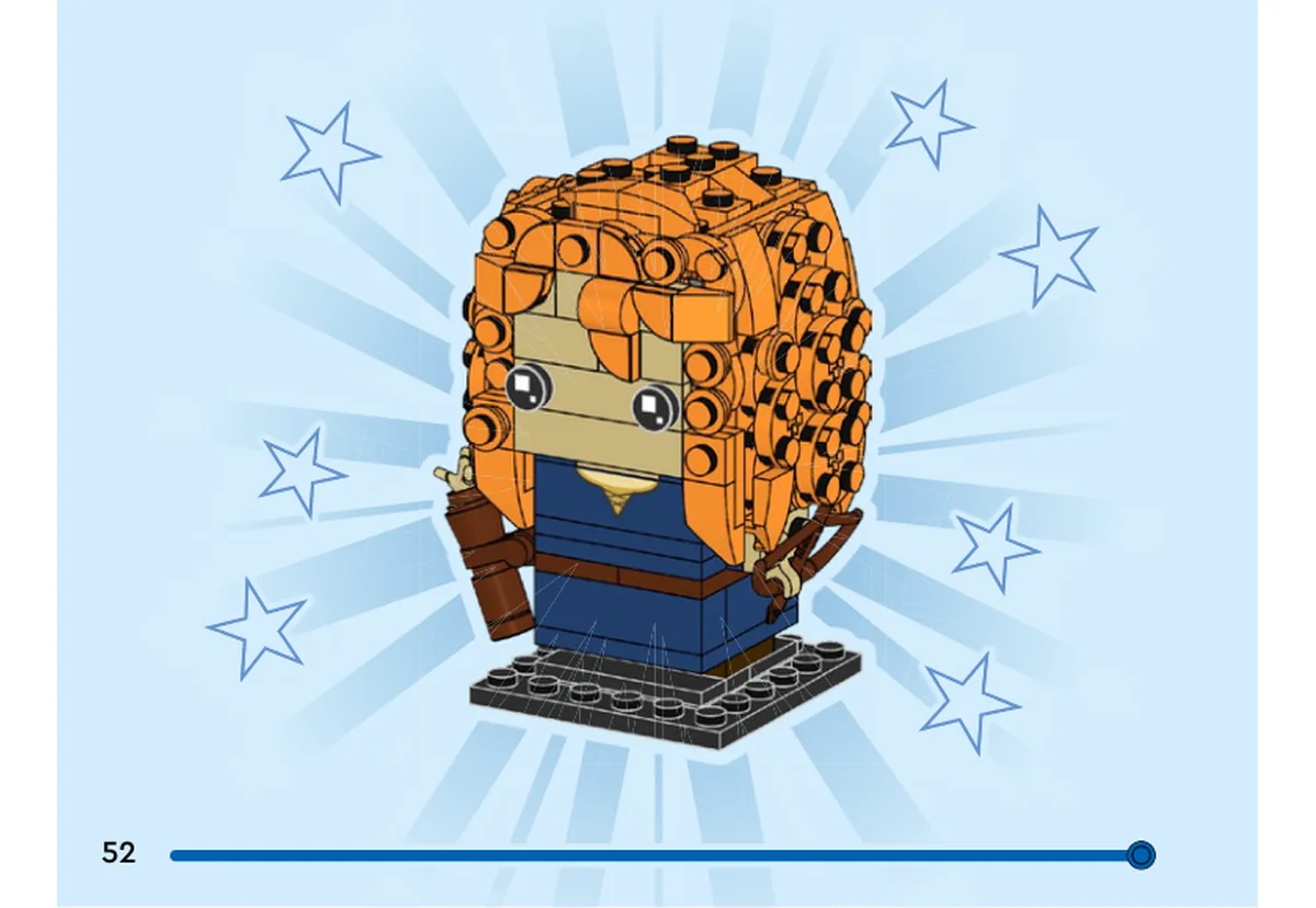 Notice officielle LEGO 40621, livret 6454598, page 52, étape vue finale : La vue finale montre Mérida debout sur son socle noir, avec sa grande chevelure orange bouclée, son vêtement bleu foncé au col doré, son arc marron et son carquois de l’autre côté.
