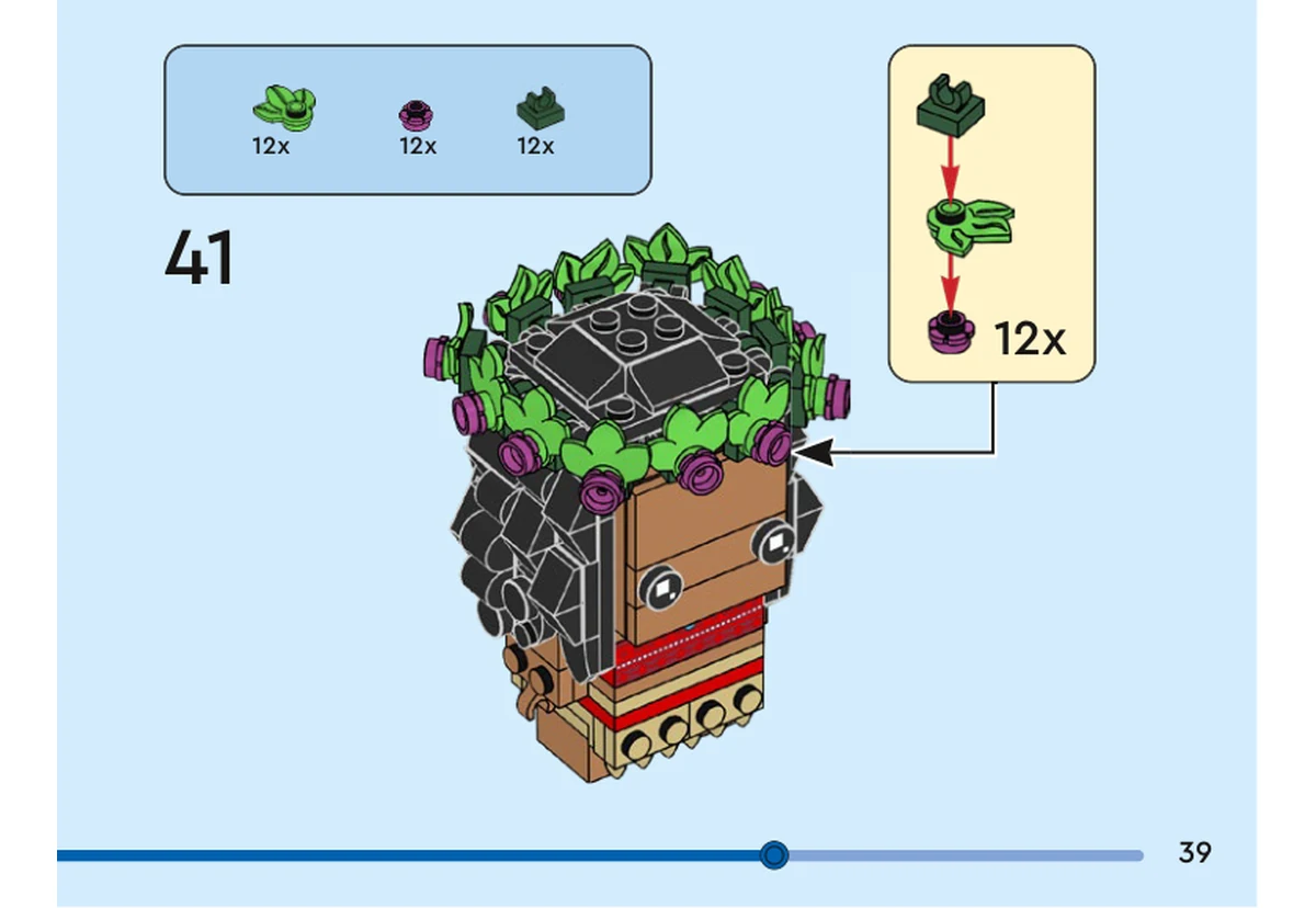 Notice officielle LEGO 40621, livret 6505934, page 39, étape 41 : Chaque petit module associe une plaque vert foncé 1 × 1, une feuille verte et une fleur magenta. L’encadré indique douze répétitions ; ces modules se répartissent autour des cheveux noirs, dont le sommet reste ouvert à cette étape.