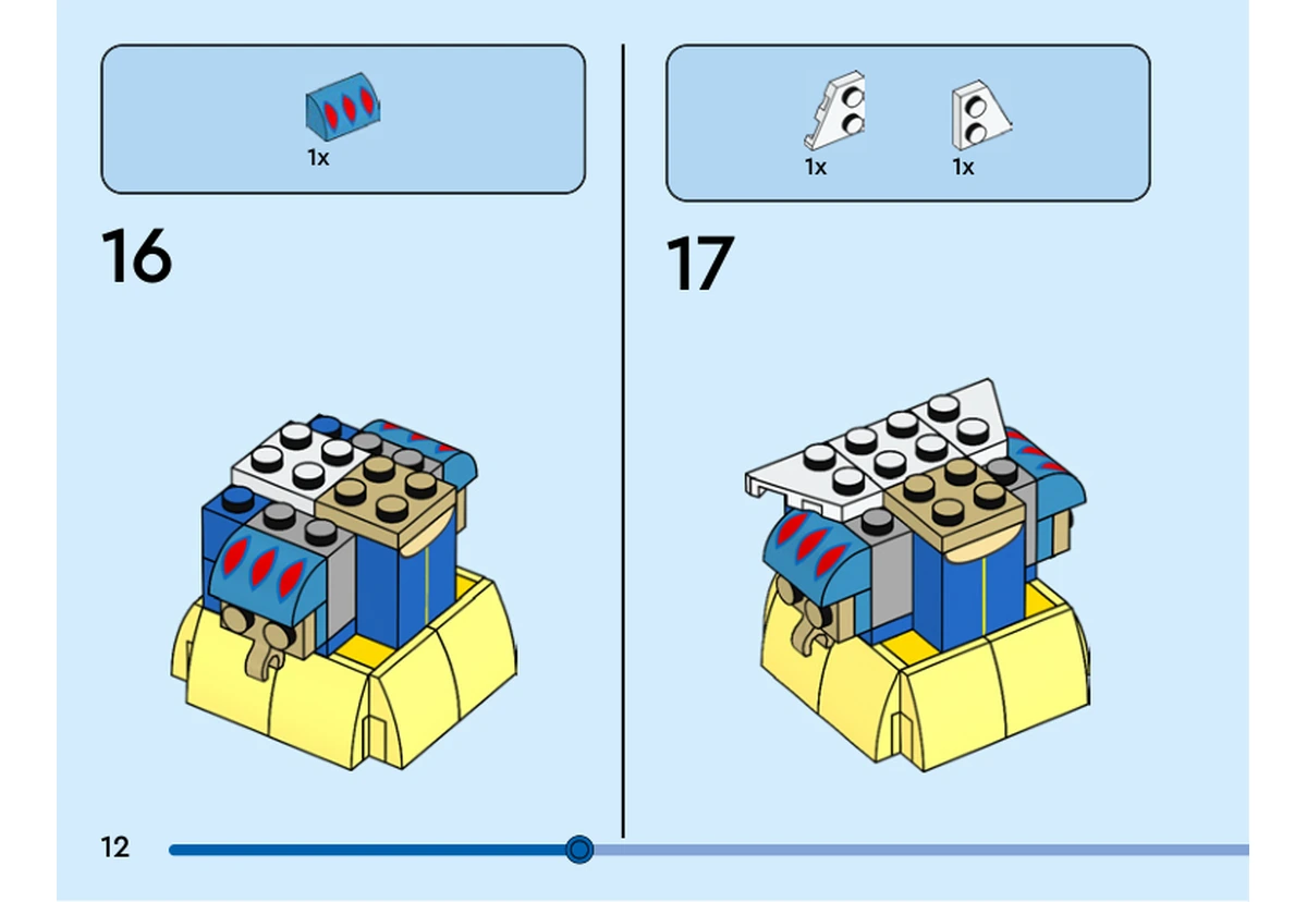Notice officielle LEGO 40622, livret 6454604, page 12, étape 16 et 17 : Une manche imprimée rejoint le côté du torse ; deux supports blancs à tenons latéraux complètent ensuite son sommet.