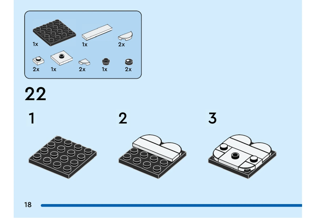 Notice officielle LEGO 40622, livret 6454608, page 18, étape 22 : Sur une plaque noire, les trois sous-étapes assemblent les contours blancs, les deux yeux et le petit nez noir du panneau de visage.