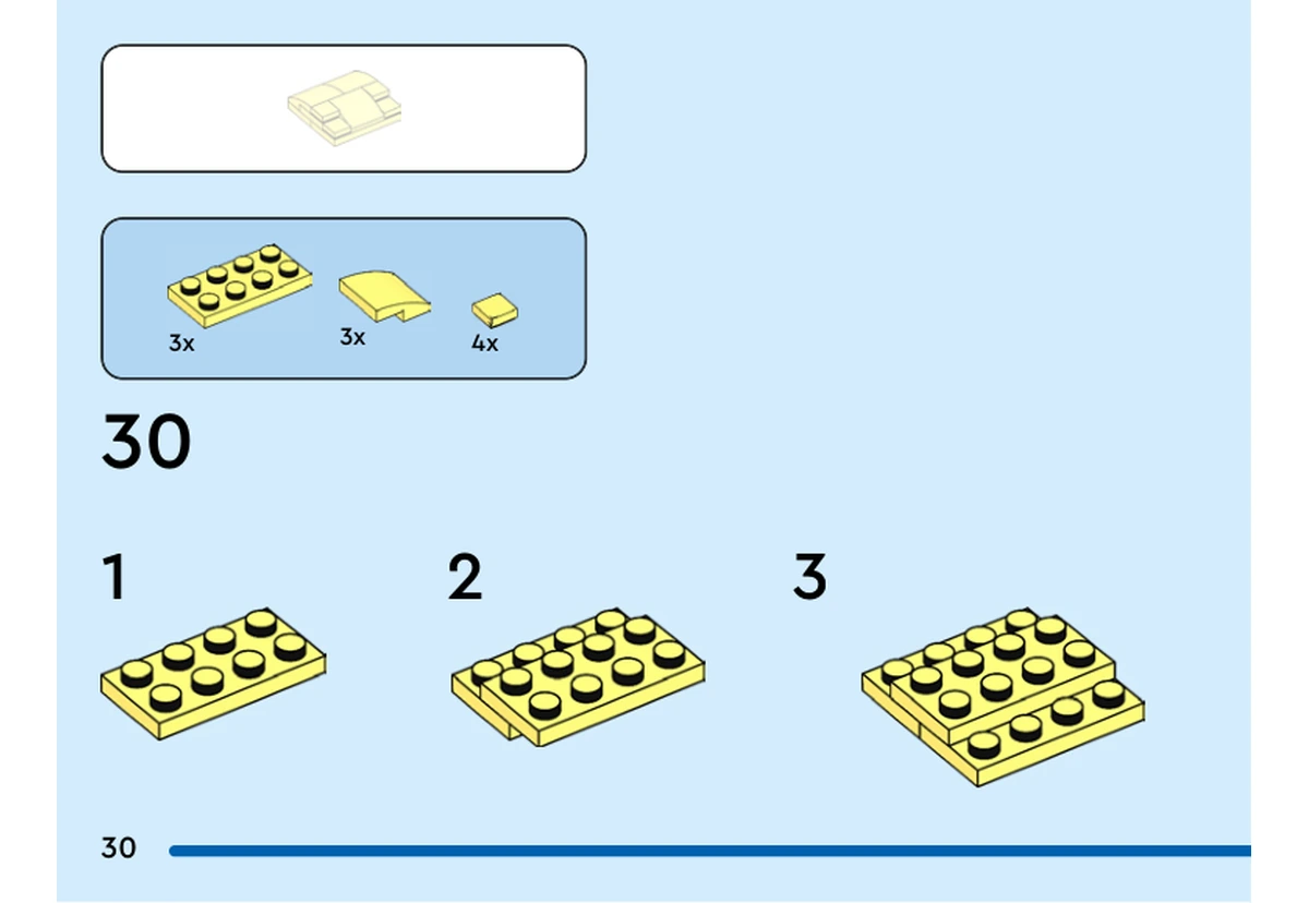 Notice officielle LEGO 40622, livret 6454610, page 30, étape 30 : Trois plaques jaunes, trois pentes incurvées et quatre petites tuiles composent un sous-ensemble de cheveux. Les sous-étapes 1 à 3 sont visibles sur cette page.