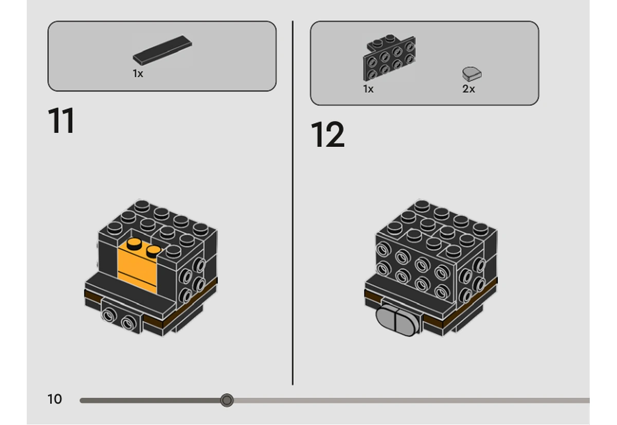 Notice officielle LEGO 40623, livret 6461099, page 10, étape 11 et 12 : Une tuile noire recouvre le bord supérieur ; une brique noire à tenons latéraux et deux petits éléments gris ferment ensuite une face du torse.