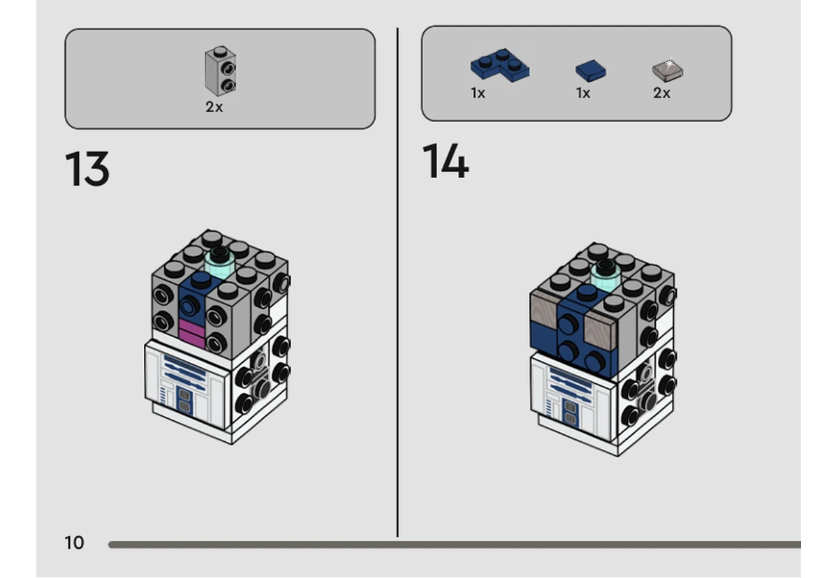 Notice officielle LEGO 40623, livret 6461101, page 10, étape 13 et 14 : Deux supports gris rejoignent le noyau ; une plaque et une tuile bleu foncé puis deux petites tuiles grises habillent le bord avant du dôme.