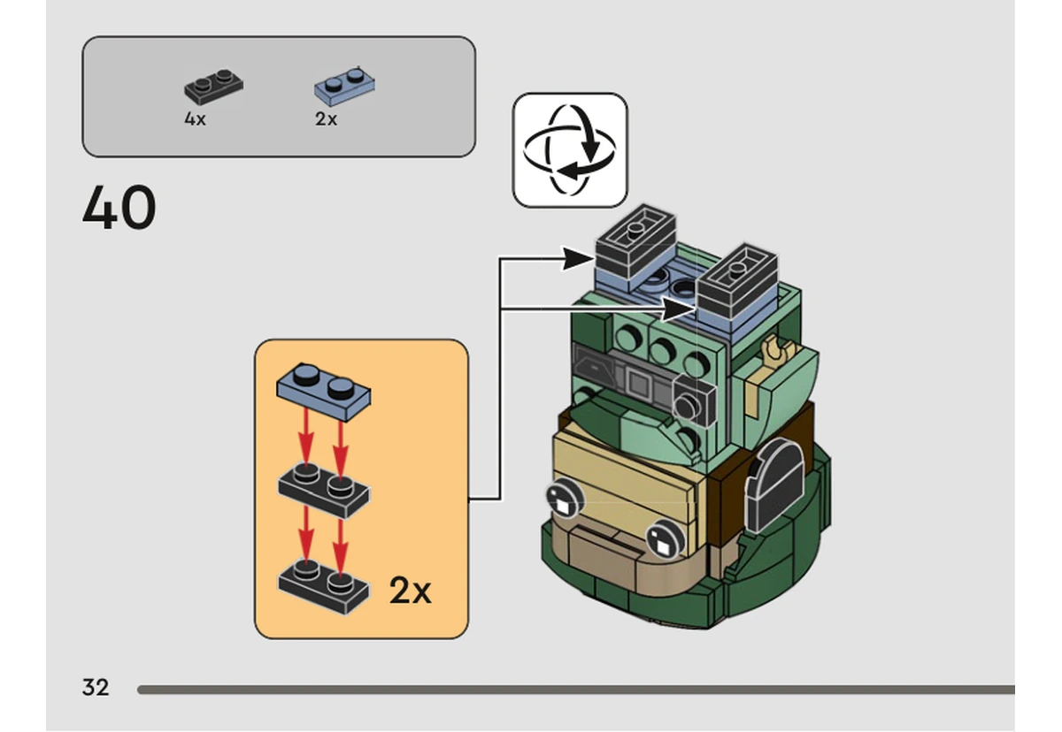 Notice officielle LEGO 40623, livret 6461107, page 32, étape 40 : Après retournement, deux petits assemblages de plaques grises et bleu gris sont fixés sous le personnage, à raison de trois plaques par pied.