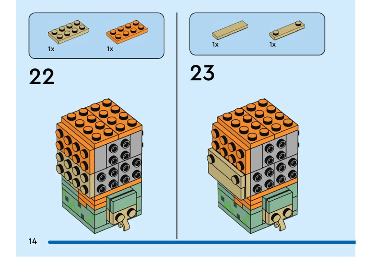 Notice officielle LEGO 40624, livret 6458468, page 14, étape 22 et 23 : Deux plaques beige et orange complètent le sommet de la tête ; une tuile beige et une plaque beige à deux tenons rejoignent ensuite une face.