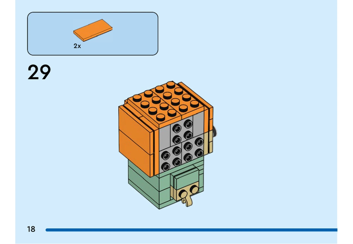 Notice officielle LEGO 40624, livret 6458468, page 18, étape 29 : Deux grandes tuiles orange recouvrent les côtés de la tête. Plusieurs tenons latéraux restent visibles sur la face présentée.