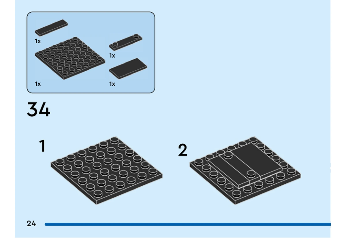 Notice officielle LEGO 40624, livret 6458468, page 24, étape 34 : La plaque noire 6 × 6 reçoit une plaque à deux tenons et deux tuiles lisses. Le socle se prépare en deux sous-étapes.