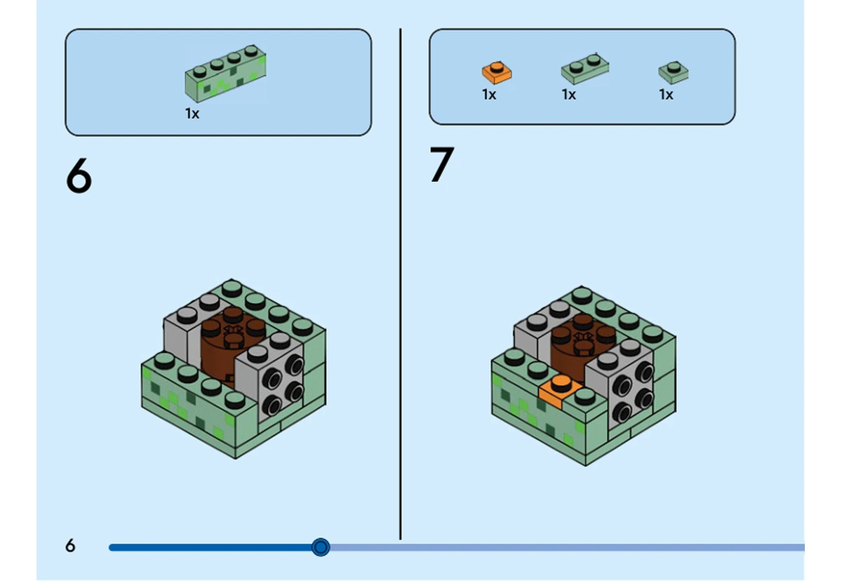 Notice officielle LEGO 40624, livret 6458468, page 6, étape 6 et 7 : Une brique vert sable ferme le bord arrière du torse ; une plaque orange et deux plaques vert sable recouvrent ensuite des tenons du noyau.