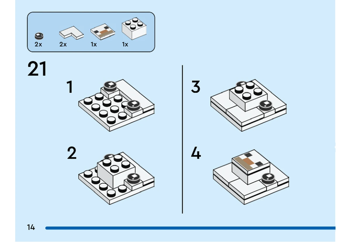 Notice officielle LEGO 40625, livret 6458470, page 14, étape 21 : Les deux yeux noirs et les contours blancs sont montés en quatre sous-étapes autour d’une brique blanche ; la tuile de museau imprimée ferme le centre.