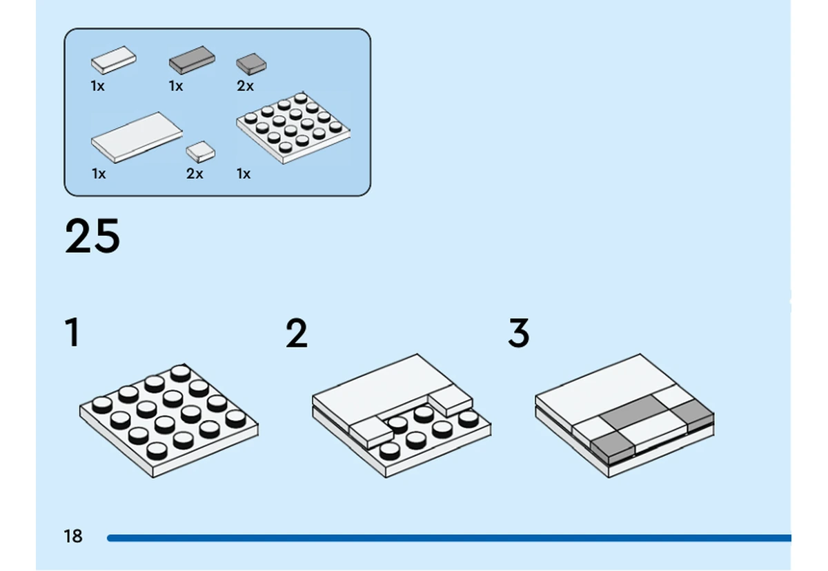 Notice officielle LEGO 40625, livret 6458470, page 18, étape 25 : Sur une plaque blanche 4 × 4, des tuiles blanches et grises habillent un panneau détaché en trois sous-étapes.