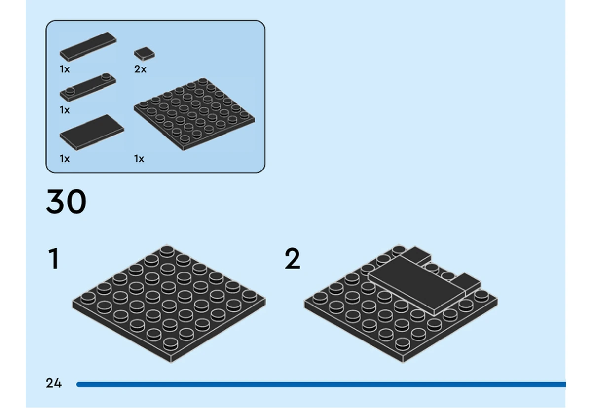 Notice officielle LEGO 40625, livret 6458470, page 24, étape 30 : La plaque noire 6 × 6 reçoit la plaque à deux tenons, deux petites tuiles carrées et deux tuiles rectangulaires.