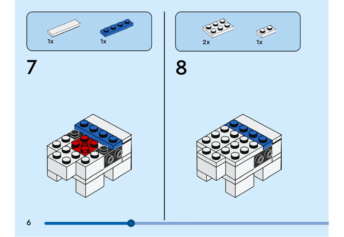 Notice officielle LEGO 40625, livret 6458470, page 6, étape 7 et 8 : Une tuile blanche et une plaque bleue prolongent les bords du corps ; trois plaques blanches ferment ensuite le dessus autour du noyau.