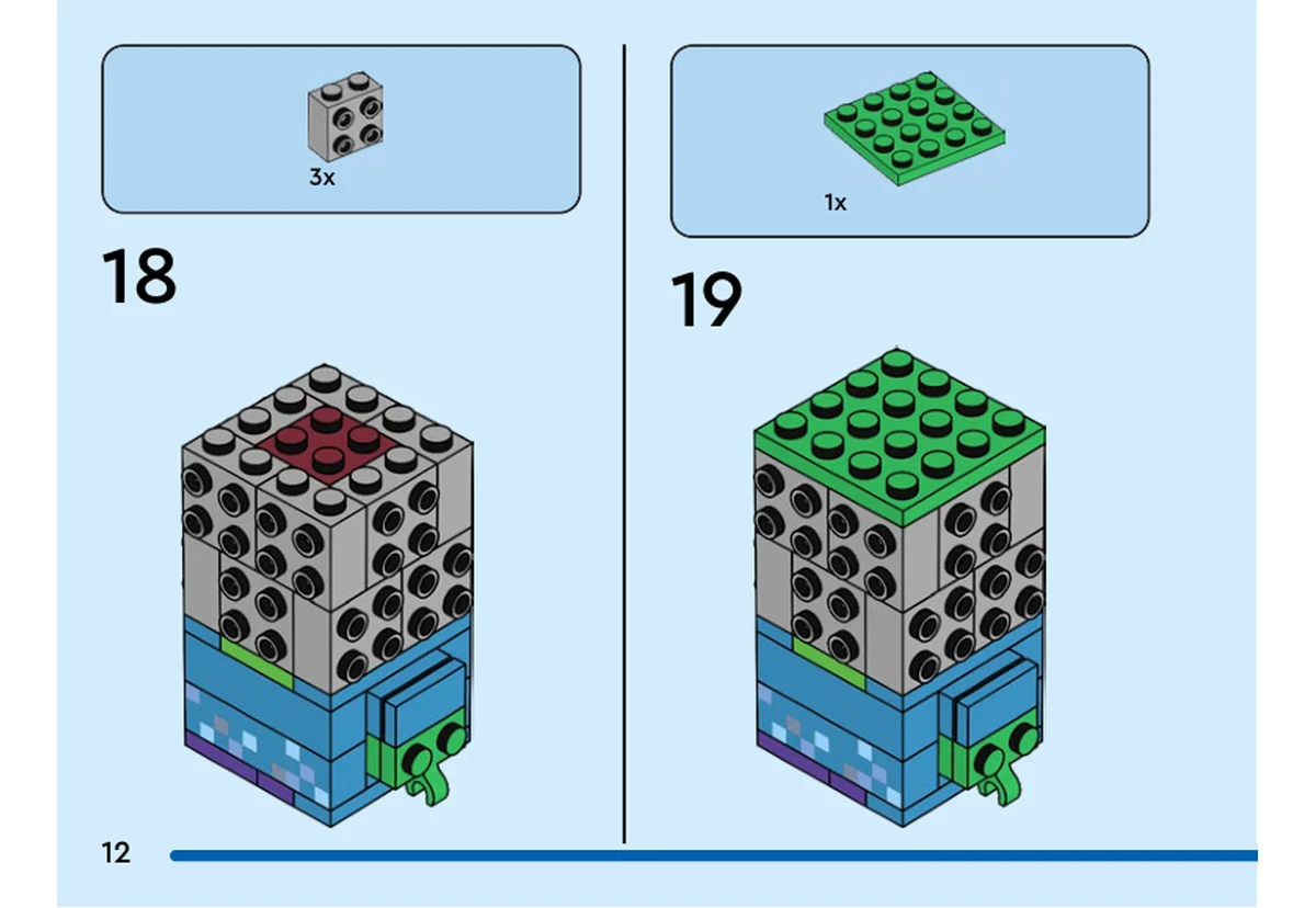 Notice officielle LEGO 40626, livret 6458472, page 12, étape 18 et 19 : Trois supports gris complètent les faces du noyau ; une plaque verte 4 × 4 recouvre ensuite son sommet.