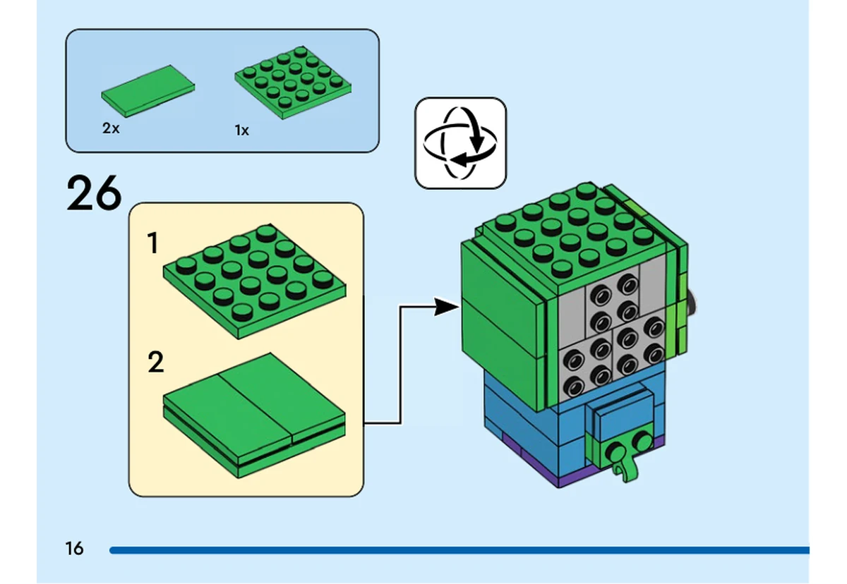Notice officielle LEGO 40626, livret 6458472, page 16, étape 26 : Après la vue retournée, une plaque verte 4 × 4 reçoit deux tuiles vertes 2 × 4. Le panneau détaché est destiné au côté présenté de la tête.