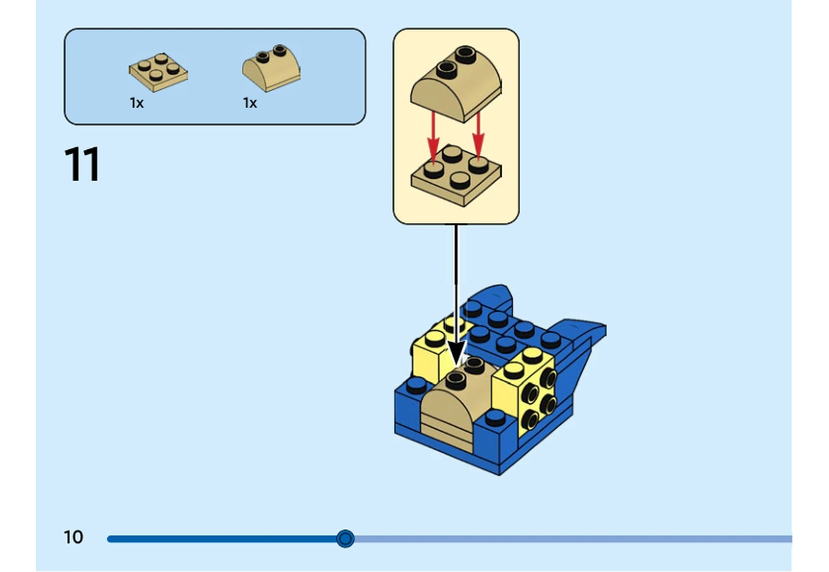 Notice officielle LEGO 40627, livret 6505943, page 10, étape 11 : Une plaque beige 2 × 2 et une pente beige à deux tenons creux forment un petit sous-ensemble fixé à l’avant du torse bleu.