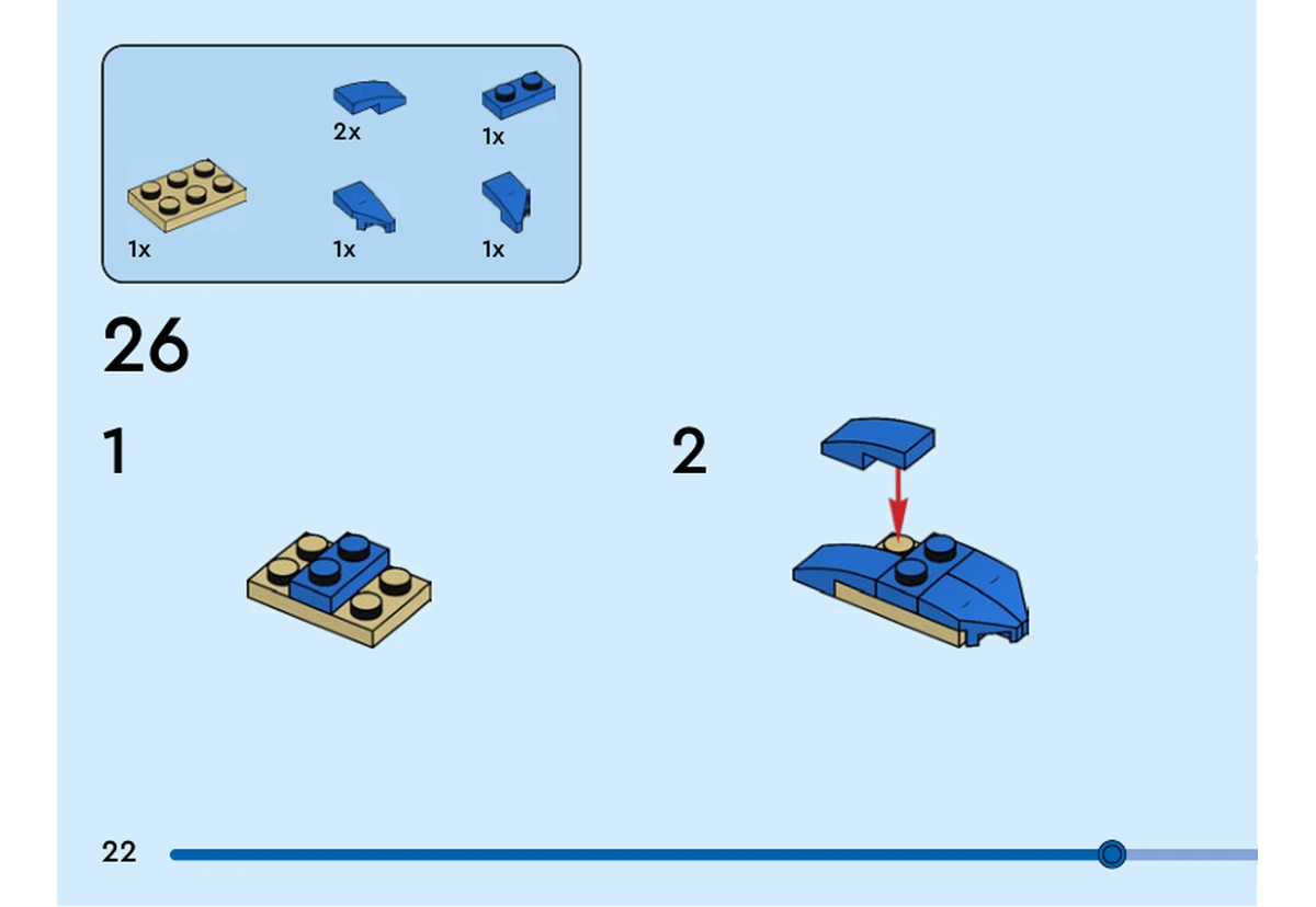 Notice officielle LEGO 40627, livret 6505943, page 22, étape 26 : Une plaque beige reçoit trois petits éléments bleus et deux grandes pentes bleues incurvées. Le sous-ensemble est encore détaché du personnage.