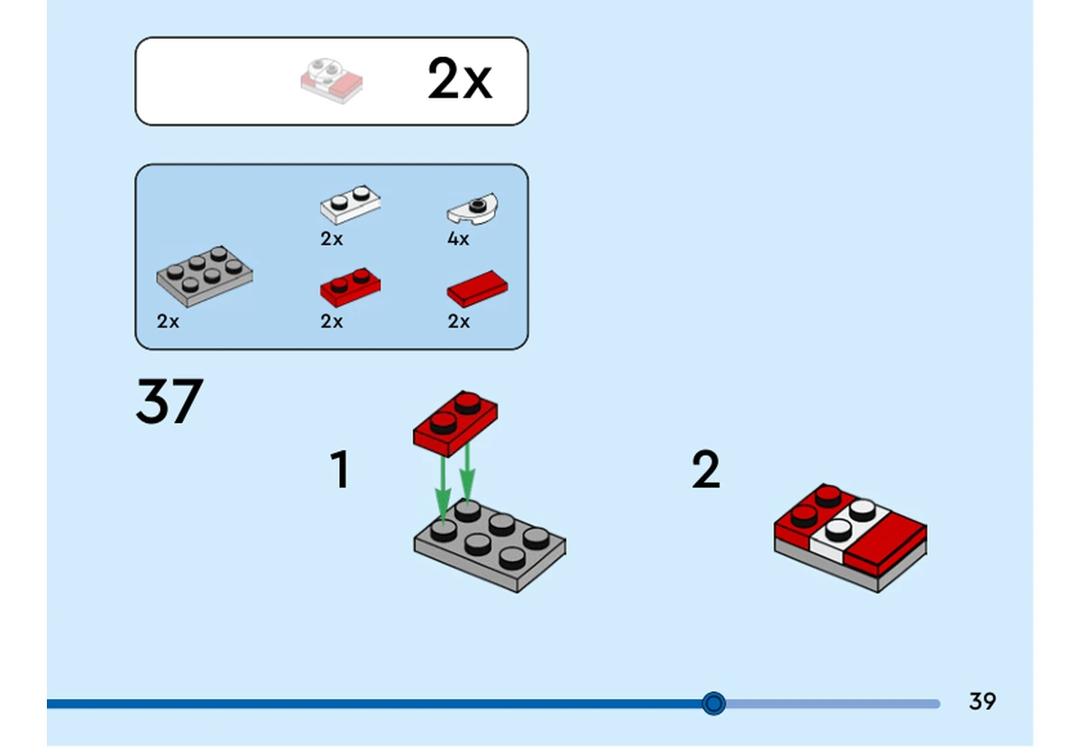 Notice officielle LEGO 40627, livret 6505943, page 39, étape 37 : Deux chaussures sont préparées : une plaque rouge rejoint une plaque grise, puis une petite plaque blanche et les détails rouges et blancs habillent l’ensemble.