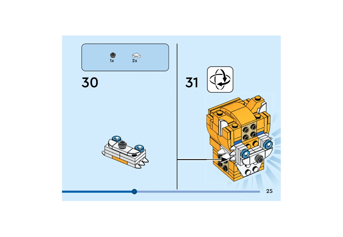 Notice officielle LEGO 40628, livret 6505944, page 25, étape 30 et 31 : Une plaque ronde noire forme le nez et deux petites tuiles blanches complètent le sous-ensemble du visage, dont les yeux sont déjà posés. Le visage est ensuite fixé au modèle après retournement.