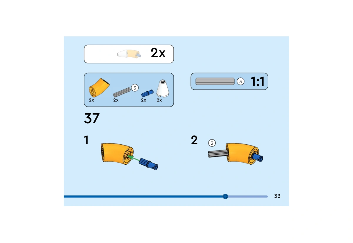 Notice officielle LEGO 40628, livret 6505944, page 33, étape 37, sous-étapes 1 et 2 : Chacun des deux coudes orange clair reçoit un connecteur bleu, puis un axe gris clair de longueur trois. Le repère 1:1 permet de contrôler la longueur de l’axe.