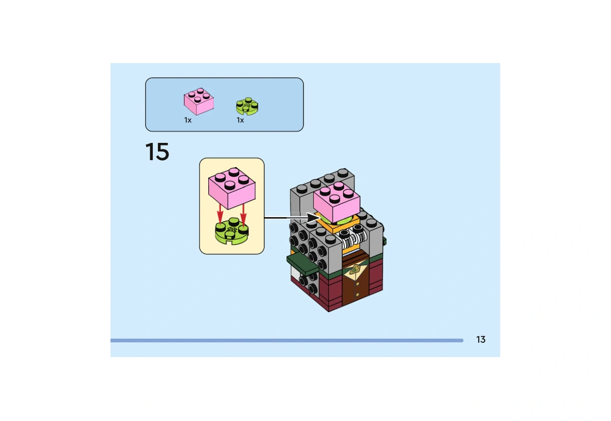 Notice officielle LEGO 40630, livret 6449469, page 13, étape 15 : Une brique rose 2 × 2 est posée sur une plaque ronde vert citron, puis cet ensemble rejoint le centre de la tête encore ouverte.