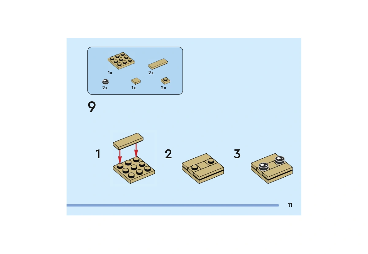 Notice officielle LEGO 40630, livret 6505935, page 11, étape 9, sous-étapes 1 à 3 : Une tuile beige est posée sur une plaque beige. Deux petites pièces beiges complètent le visage, puis les deux tuiles d’œil noires sont ajoutées.