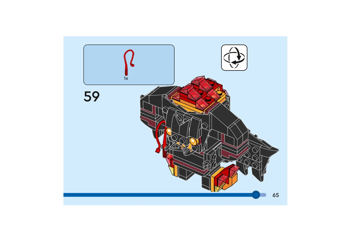Notice officielle LEGO 40631, livret 6462539, page 65, étape 59 : Après rotation du modèle déjà pourvu d’ailes, le fouet rouge rejoint la main du Balrog.