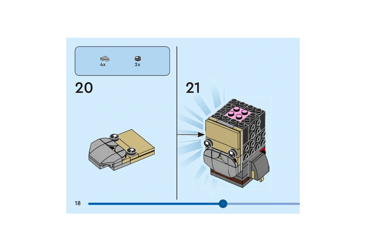 Notice officielle LEGO 40631, livret 6505936, page 18, étape 20 et 21 : Quatre petites pentes grises et deux tuiles d’œil noires complètent le visage préparé séparément. Le visage est ensuite fixé sur le noyau de la tête.
